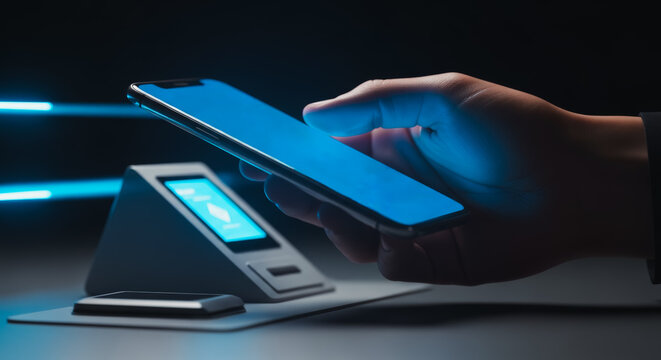 An illustrative close-up shows a hand holding a smartphone, interacting with a futuristic point-of-sale system, indicating the convenience of mobile payments in modern commerce.