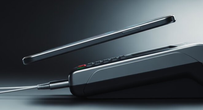 A futuristic view showing wireless payment is made by using the mobile device on a POS machine in a modern business context.