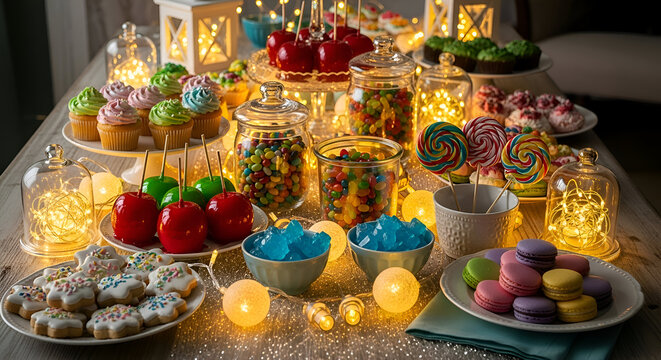 Abundant easter candy buffet with colorful eggs and treats illuminated by warm fairy lights creating a festive and inviting holiday celebration display