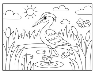 Obraz premium Heron Coloring Page for Kids – Pond Life and Nature Scene