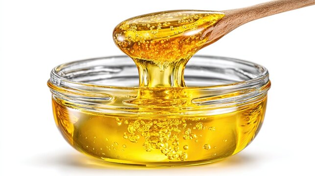 Natural honey texture close-up: wooden dipper drip with surface light-play, white-isolated, perfect for nutrition blog, health mag, cookbook illo