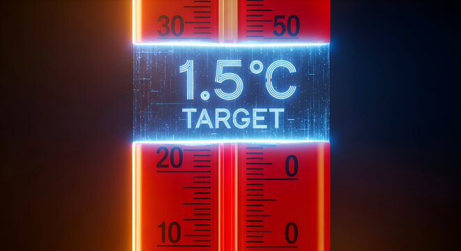 Urgent global focus on achieving the critical 1.5°C warming target, visualizing climate action and scientific goals with a digital thermometer display.