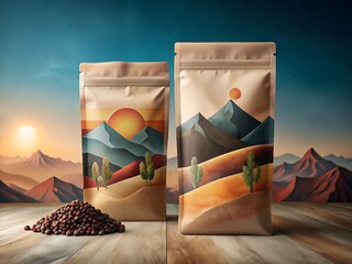 Coffee bags, beans, mountain landscape