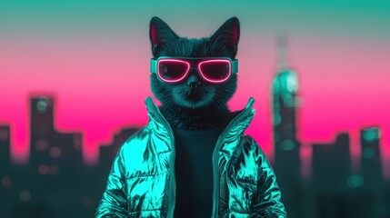 A stylish black cat wearing futuristic sunglasses and a shiny jacket stands against a neon cityscape backdrop.