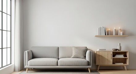 Minimalist living room interior featuring a light gray sofa, wooden cabinet, shelf with books and candles, and a large window.