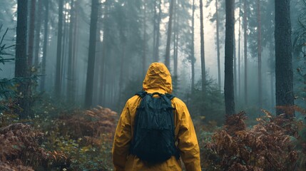 Lone traveler in a yellow raincoat exploring a misty and atmospheric forest.