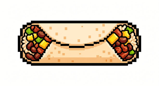 Vibrant Pixel Art Burrito Illustration: Classic Mexican Food Icon with Savory Fillings, Isolated on White for Retro Gaming and Digital Design