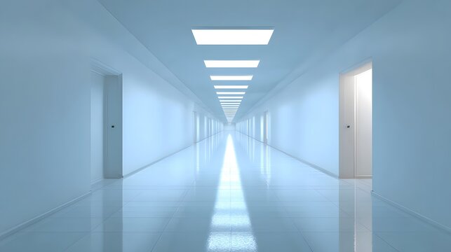 Long sterile futuristic corridor with an open door emitting light.