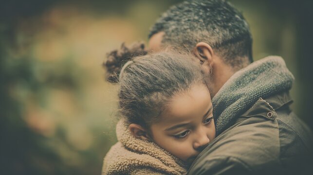 Loving father embracing his young daughter in a tender hug outdoors.