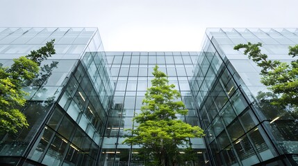 Low angle view of a contemporary corporate building with sustainable green architecture and trees.