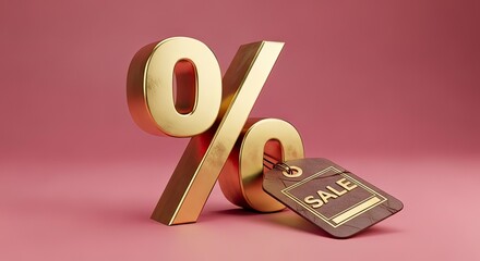 Golden percentage sign with a brown sale tag against a pink background, symbolizing discounts and promotions.