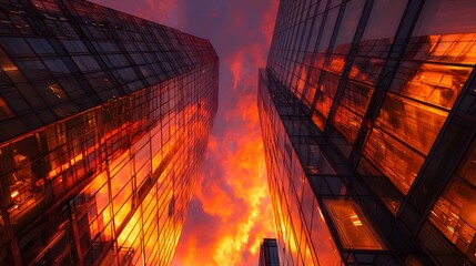 Low angle view of modern glass skyscrapers reflecting a dramatic fiery orange sky at sunset.