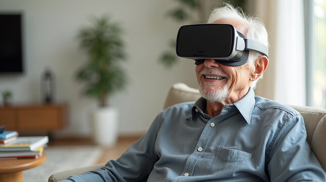 An elderly man wearing modern virtual reality glasses