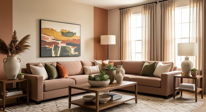 Interior view of a living room featuring a large sectional sofa, abstract art, side tables, lamps, and neutral-toned decor. - Powered by Adobe