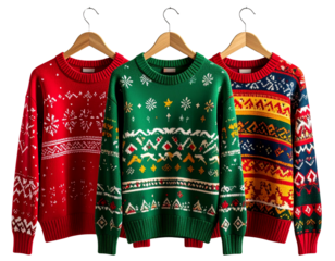 Three Hanging Christmas Ugly Sweaters on Wooden Hangers, Holiday Apparel Display, Transparent Background