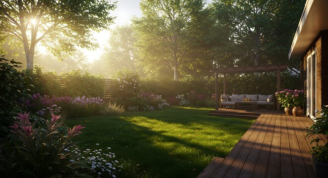 Lush green garden scene with sunlight trees grass and a wooden patio