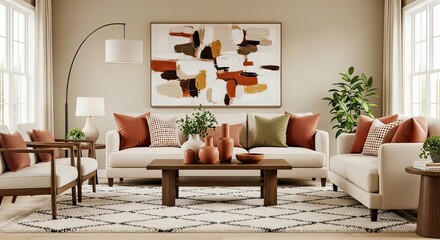 A living room interior featuring two sofas, two armchairs, a coffee table, and an abstract painting, all in warm, neutral tones.
