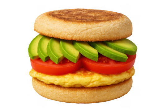 Vegetarian breakfast sandwich with egg, avocado, and tomato on english muffin promoting healthy eating