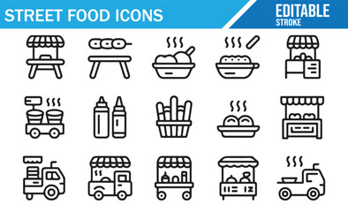 Street food and snack cart outline icon collection