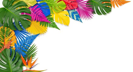 Vibrant assortment of colorful tropical leaves and a bird of paradise flower arranged in the upper left and lower left corners against a clean white background.