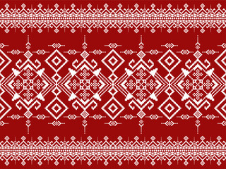 Snowflower Pixel Pattern with Folk Triangle Droplets in Red and White