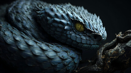 Spiky blue dragon snake with yellow eye on dark background scales
