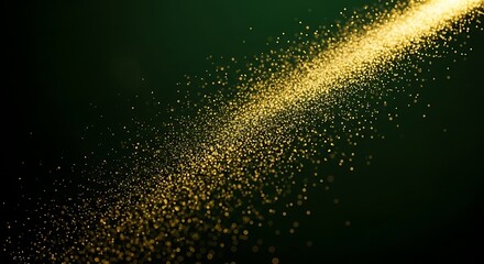 Swirl of golden particles shimmering on a deep emerald background