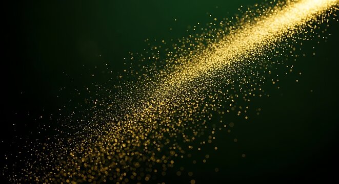 Swirl of golden particles shimmering on a deep emerald background