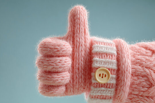 pink knitted hand gripping a colorful button, soft textures, warm lighting, playful aesthetic, suitable for fashion branding, crafting websites, social media posts