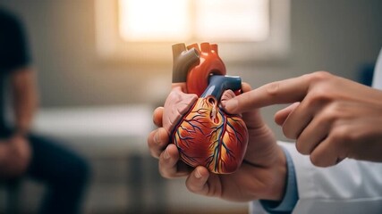 Healthcare professional points at an anatomical heart model, explaining complex cardiovascular functions and promoting awareness of human heart health