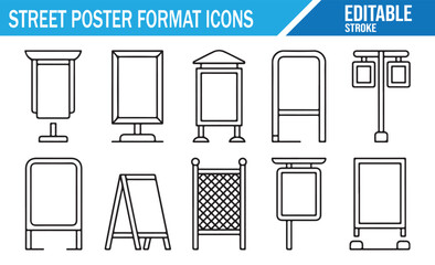 Collection of editable street poster outline icons featuring outdoor advertising boards, signage stands, pavement display frames, city information panels, billboard formats, and minimal linear promoti