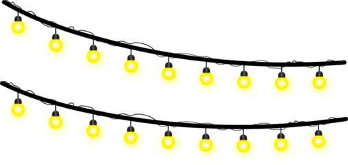 Horizontal vector graphic showing two wavy lines of glowing yellow string lights, creating a warm festive illumination border for celebration flyers, banners, and decorative backgrounds