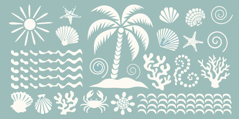 Summer beach elements vector illustration with palm tree seashells sun and marine life
