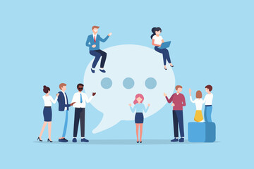 Diverse team collaboration with speech bubble communication and social media concept