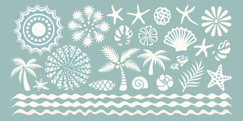 Summer beach elements pattern with palm trees starfish and seashells in blue