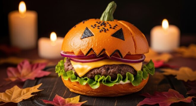 A Halloween-themed burger with a pumpkin-shaped bun, topped with cheese, onions, and lettuce, surrounded by autumn leaves and lit by candles. - Powered by Adobe