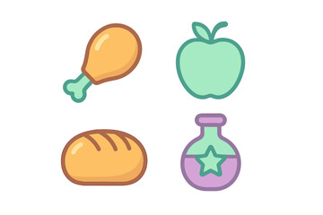 Colorful food and fantasy item collection: chicken, apple, bread, potion bottle