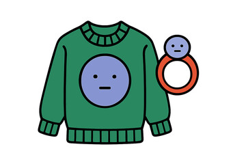 Green ugly Christmas sweater featuring a neutral face emoji and a matching ring accessory