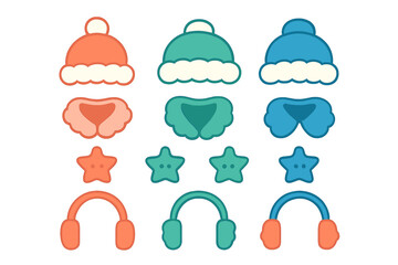 Obraz premium Collection of colorful winter accessories including knitted hats, earmuffs, and neck warmers