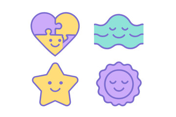 Adorable collection of cute pastel icons featuring heart puzzle star and wavy sun shapes