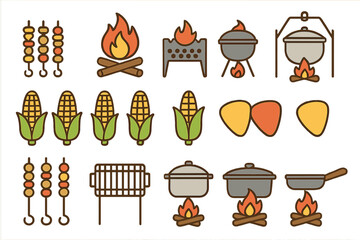 Grilling and campfire cooking tools set featuring food items and open flames
