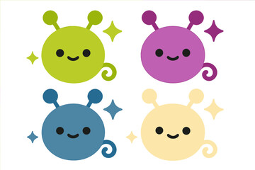 Four cute smiling alien characters in bright colors with antennae and sparkles