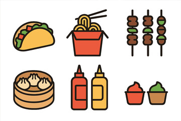 Set of international street food and restaurant icons featuring tacos, noodles, skewers, and sauces