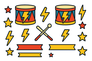 Vibrant rock and roll music elements set with drums, drumsticks, lightning bolts, stars, and banners