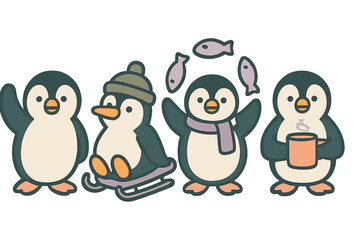 Cute cartoon penguins enjoying winter activities like sledding, juggling, and drinking hot beverages