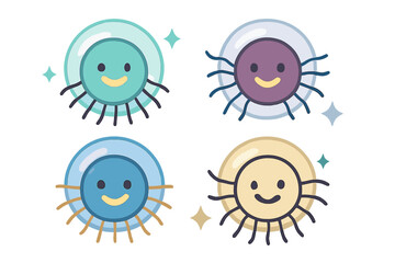Four colorful cute smiling jellyfish icons with tentacles and sparkling details