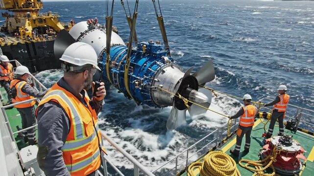 Engineers deploying a large underwater turbine from a vessel in the ocean