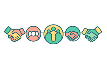 Colorful abstract icons representing business deal, teamwork, and social connection