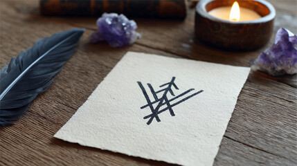 Runic symbol on parchment, surrounded by amethyst crystals, feather, and candle. Ritual atmosphere, esoteric occult magic, divination, and mystical nordic rune tradition.
