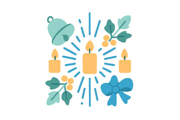 Festive Christmas arrangement with lit candles, holly, bell, and blue bow